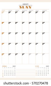 Calendar Template for 2017 Year. May. Retro Business Planner Template. Stationery Design. Week starts Sunday. 3 Months on the Page. Vector Illustration