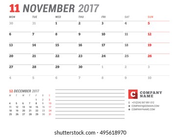 Calendar Template for 2017 Year. November. Business Planner 2017 Template. Stationery Design. Week starts Monday. 2 Months on the Page. Vector Illustration