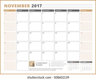 Calendar Template for 2017 Year. November. Business Planner 2017 Template. Stationery Design. Week starts Sunday. 3 Months on the Page. Vector Illustration