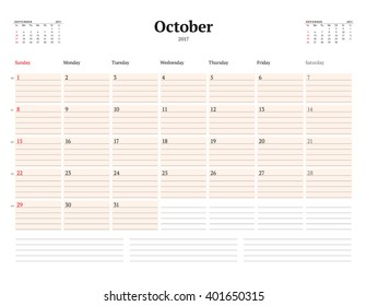 Calendar Template for 2017 Year. October. Business Planner Template. Stationery Design. Week starts Sunday. 3 Months on the Page. Vector Illustration