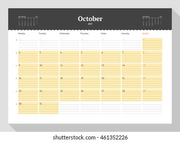Calendar Template for 2017 Year. October. Stationery Design. Week starts Monday. 3 Months on the Page. Vector Illustration