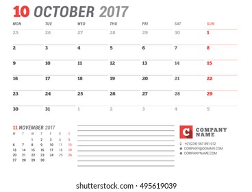 Calendar Template for 2017 Year. October. Business Planner 2017 Template. Stationery Design. Week starts Monday. 2 Months on the Page. Vector Illustration