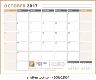 Calendar Template for 2017 Year. October. Business Planner 2017 Template. Stationery Design. Week starts Sunday. 3 Months on the Page. Vector Illustration