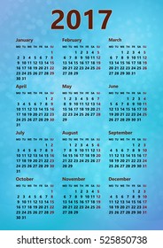 Calendar template for 2017 year on Color Background. Vector illustration