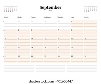Calendar Template for 2017 Year. September. Business Planner Template. Stationery Design. Week starts Sunday. 3 Months on the Page. Vector Illustration
