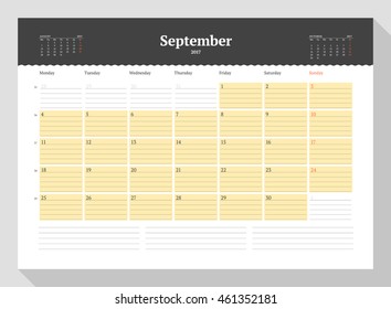 Calendar Template for 2017 Year. September. Stationery Design. Week starts Monday. 3 Months on the Page. Vector Illustration