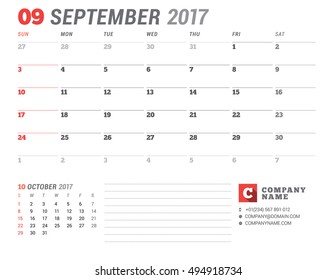 Calendar Template for 2017 Year. September. Business Planner 2017 Template. Stationery Design. Week starts Sunday. 2 Months on the Page. Vector Illustration
