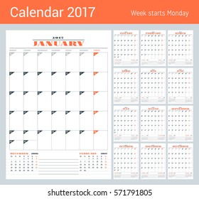 Calendar Template for 2017 Year. Set of 12 Months. Business Planner Template. Stationery Design. Week starts Monday. 3 Months on the Page. Vector Illustration