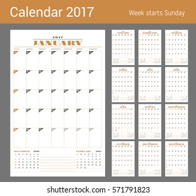 Calendar Template for 2017 Year. Set of 12 Months. Business Planner Template. Stationery Design. Week starts Sunday. 3 Months on the Page. Vector Illustration