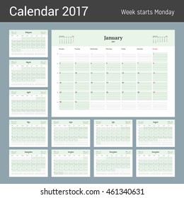 Calendar Template for 2017 Year. Stationery Design. Week starts Monday. 3 Months on the Page. Set of 12 Months. Vector Illustration