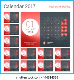 Calendar Template for 2017 Year. Vector Design Print Template with Place for Photo, Company Logo, Slogan and Contact Information. Red and Black Colors. Week Starts Monday