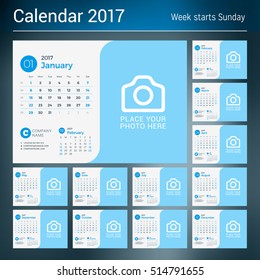Calendar Template for 2017 Year. Vector Print Template with Place for Photo and Company Information on Dark Background. Set of 12 Months. Week Starts Sunday. 3 Months on Page