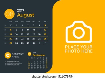 Calendar Template for 2017 Year. Vector Print Template with Place for Photo and Company Information on Dark Background. August 2017. Week Starts Sunday. 3 Months on Page