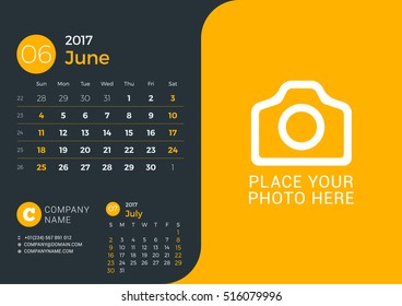 Calendar Template for 2017 Year. Vector Print Template with Place for Photo and Company Information on Dark Background. June 2017. Week Starts Sunday. 3 Months on Page