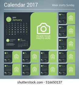 Calendar Template for 2017 Year. Vector Print Template with Place for Photo and Company Information on Dark Background. Set of 12 Months. Week Starts Sunday. 3 Months on Page