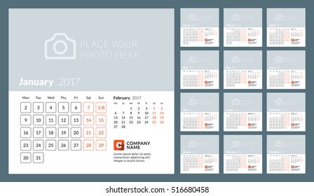 Calendar Template for 2017 Year. Vector Illustration. Week Starts on Monday