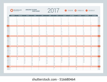 Kalendervorlage für das Jahr 2017. Vektorgrafik. Woche beginnt am Montag