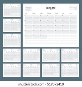 Calendar Template for 2017 Year. Vector Illustration. Week Starts on Sunday