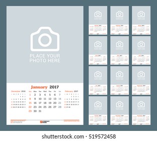 Calendar Template for 2017 Year. Vector Illustration. Week Starts on Sunday