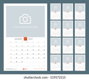 Calendar Template for 2017 Year. Vector Illustration. Week Starts on Sunday