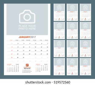 Calendar Template for 2017 Year. Vector Illustration. Week Starts on Sunday