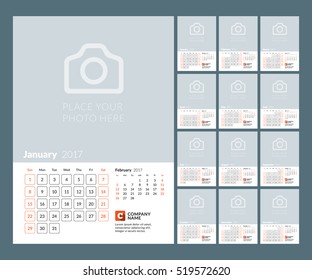 Calendar Template for 2017 Year. Vector Illustration. Week Starts on Sunday