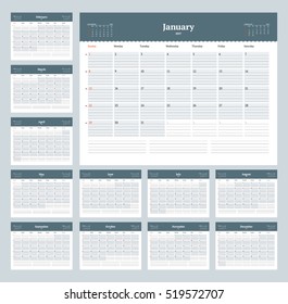 Calendar Template for 2017 Year. Vector Illustration. Week Starts on Sunday
