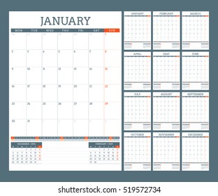 Calendar Template for 2017 Year. Vector Illustration. Week Starts on Monday