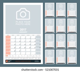 Calendar Template for 2017 Year. Vector Illustration. Week Starts on Sunday