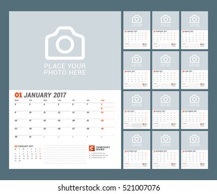 Calendar Template for 2017 Year. Vector Illustration. Week Starts on Monday