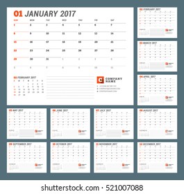Calendar Template for 2017 Year. Vector Illustration. Week Starts on Sunday