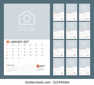 Calendar Template for 2017 Year. Vector Illustration. Week Starts on Sunday