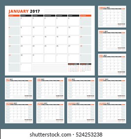 Calendar Template for 2017 Year. Vector Illustration. Week Starts on Sunday