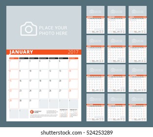 Calendar Template for 2017 Year. Vector Illustration. Week Starts on Sunday