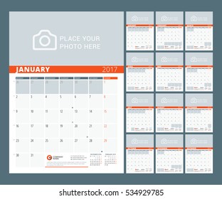 Calendar Template for 2017 Year. Vector Illustration. Week Starts on Monday