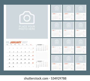 Calendar Template for 2017 Year. Vector Illustration. Week Starts on Monday