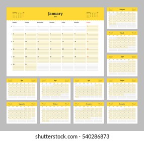 Calendar Template for 2017 Year. Vector Illustration. Week Starts on Monday