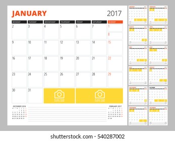 Calendar Template for 2017 Year. Vector Illustration. Week Starts on Monday
