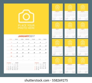 Calendar Template for 2017 Year. Vector Illustration. Week Starts on Sunday