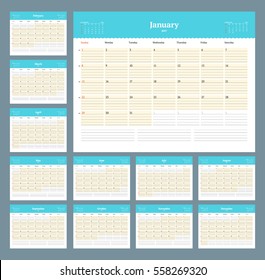 Calendar Template for 2017 Year. Vector Illustration. Week Starts on Sunday