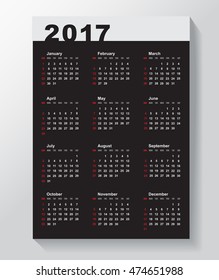 Calendar Template for 2017 year. 
Week starts from Sunday. Vector illustration
