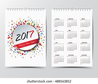 Calendar Template for 2017 year. 
Week starts from Sunday.
Modern Flat Design Concept.
Vector illustration