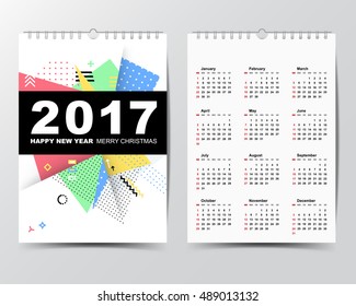 Calendar Template for 2017 year. 
Week starts from Sunday.
Modern Flat Design Concept.
Vector illustration