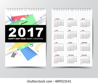 Calendar Template for 2017 year. 
Week starts from Sunday.
Modern Flat Design Concept.
Vector illustration