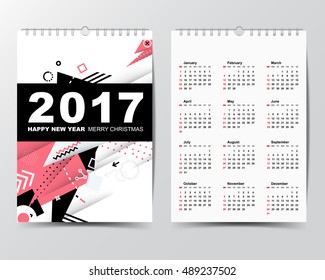 Calendar Template for 2017 year. 
Week starts from Sunday.
Modern Flat Design Concept.
Vector illustration