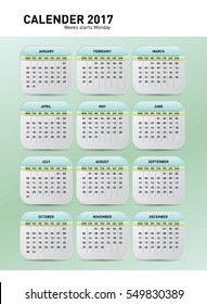 Calendar Template for 2017 Year. Week starts Monday. Set of 12 Months. Vector Illustration