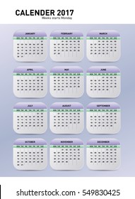 Calendar Template for 2017 Year. Week starts Monday. Set of 12 Months. Vector Illustration