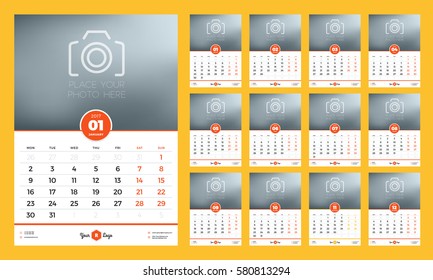 Calendar Template for 2017 Year. Week Starts Monday. Set of 12 Months. Stationery Design. Vector Illustration
