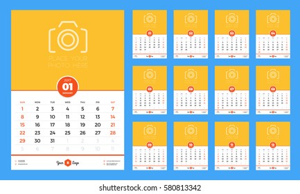 Calendar Template for 2017 Year. Week Starts Sunday. Set of 12 Months. Stationery Design. Vector Illustration