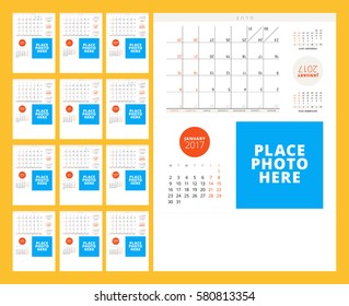 Calendar Template for 2017 Year. Week Starts Monday. Set of 12 Months. Stationery Design. Vector Illustration